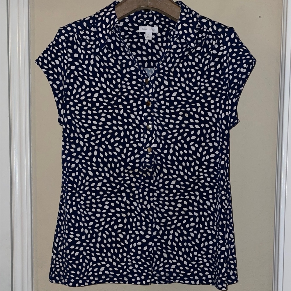 Charter Club Navy and White Leaf Print Blouse